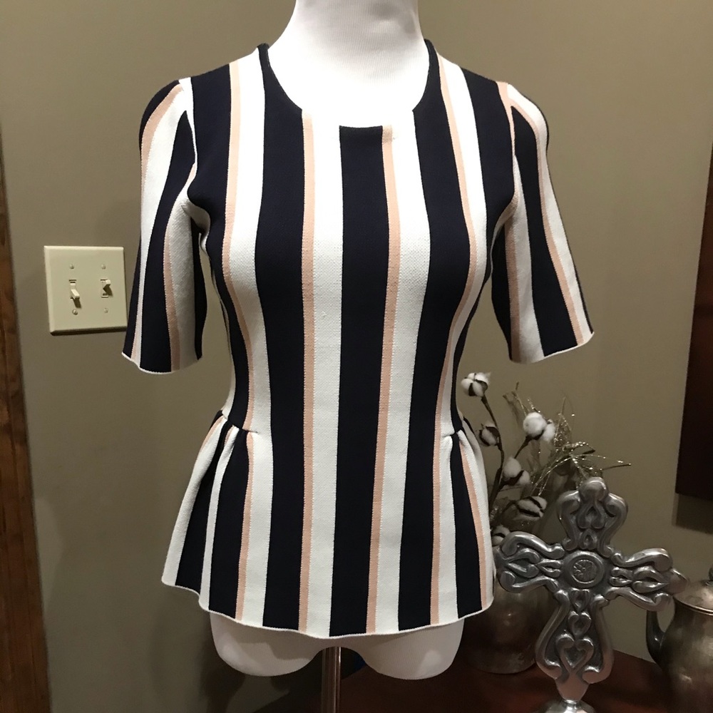 Ann Taylor Petite navy, white and tan top